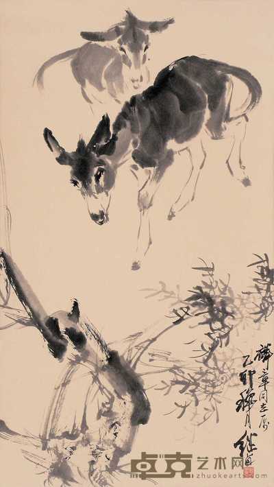 刘继卣 乙卯(1975年)作 双驴图 立轴 69×39cm